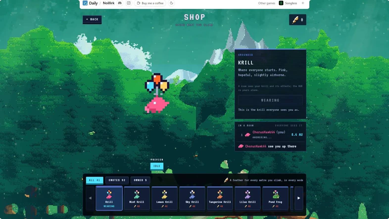 The Noillirk shop: the plain pink krill under three balloons, its card reading Grounded, Krill, Where everyone starts, a preview of a room row, and a shelf of avatars priced at 4K feathers