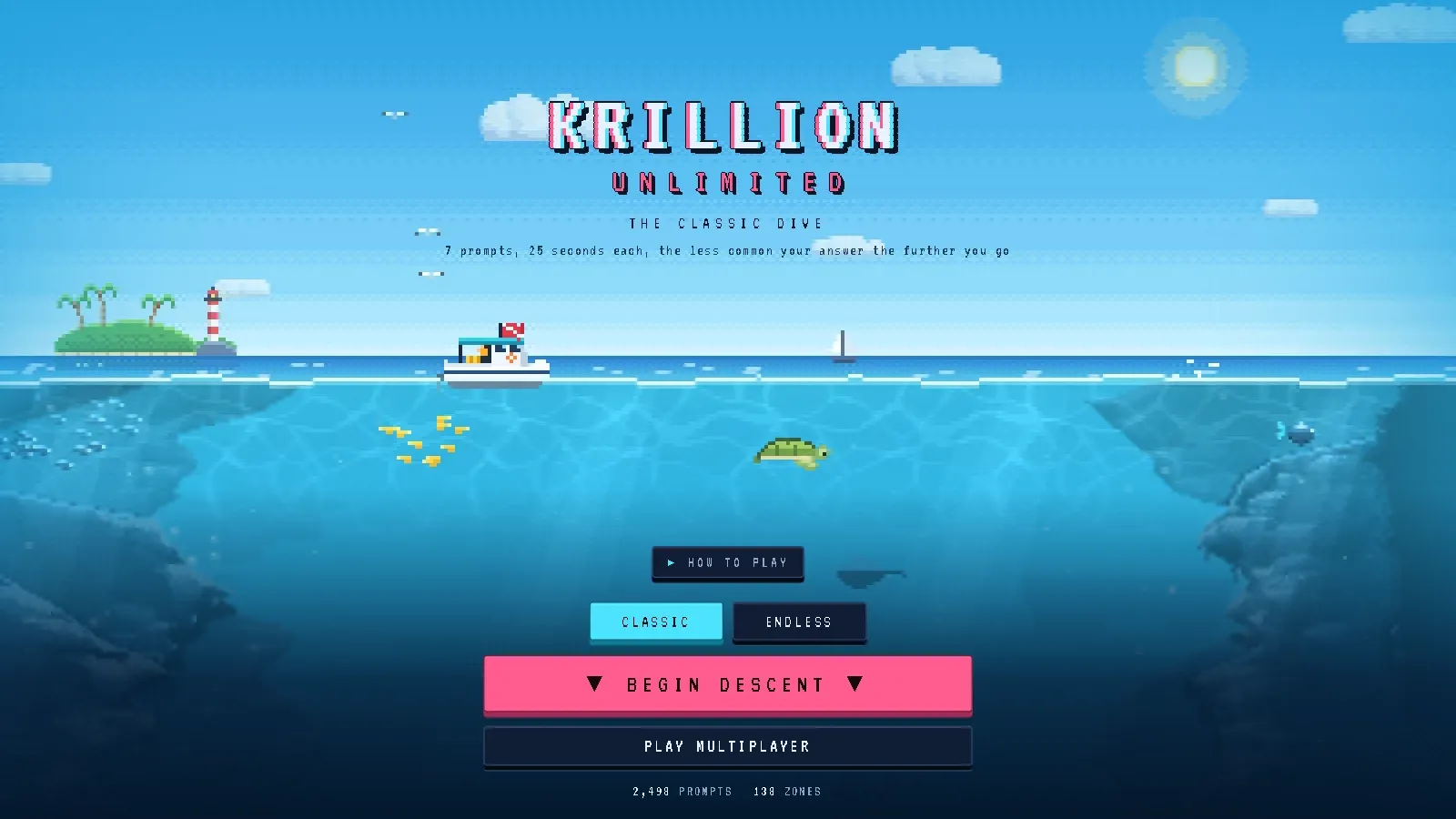 The Krillion Unlimited title screen: a bright pixel-art morning over a turquoise sea, a palm island with a lighthouse, a white dive boat flying a diver-down flag, a sea turtle and yellow fish under the surface, and the words Krillion Unlimited above a Begin descent button