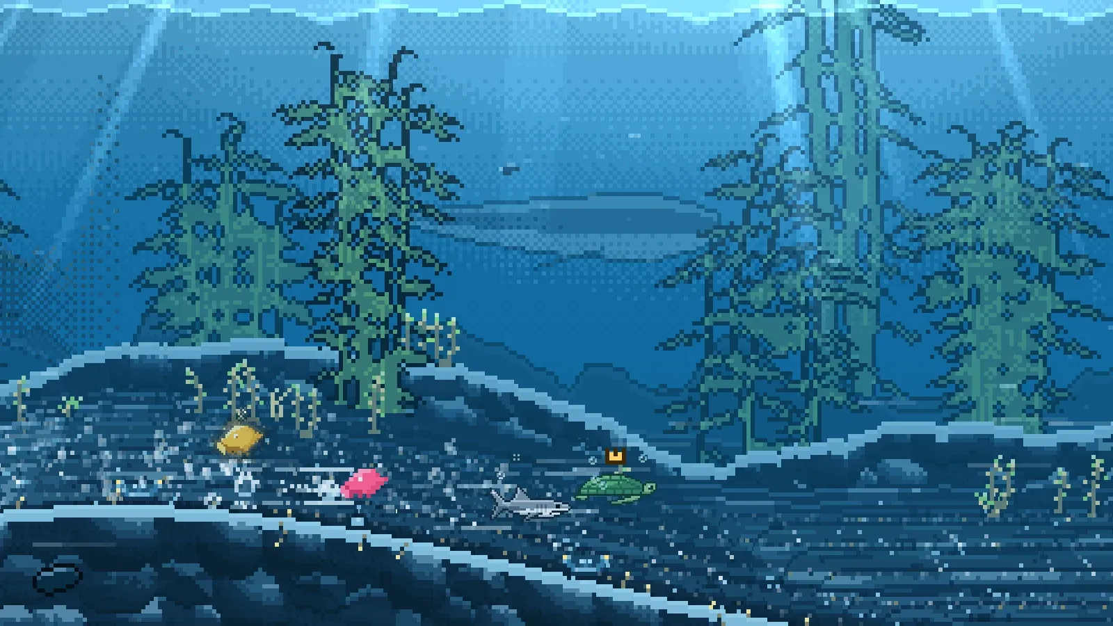 The Kelp Run in Krillocity: four racers swim over a sandy ridge beneath tall kelp, with sunlight in the water and mountains far behind
