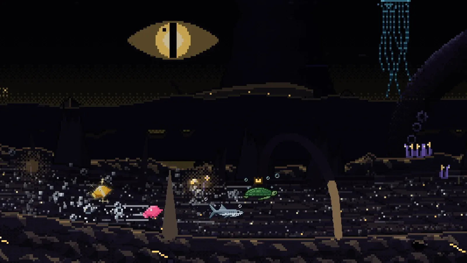 The Rift: a giant golden eye watches from the darkness above a track of black shale and stone fangs