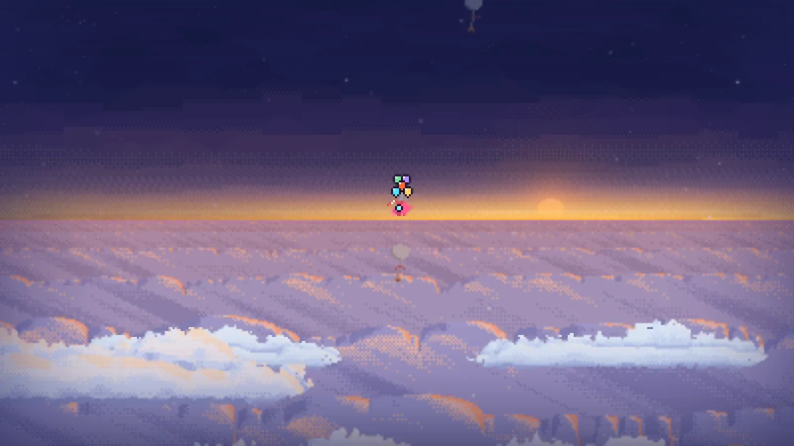 The krill on its balloons at sunset above a sea of cloud, with the sun on the horizon under a violet sky