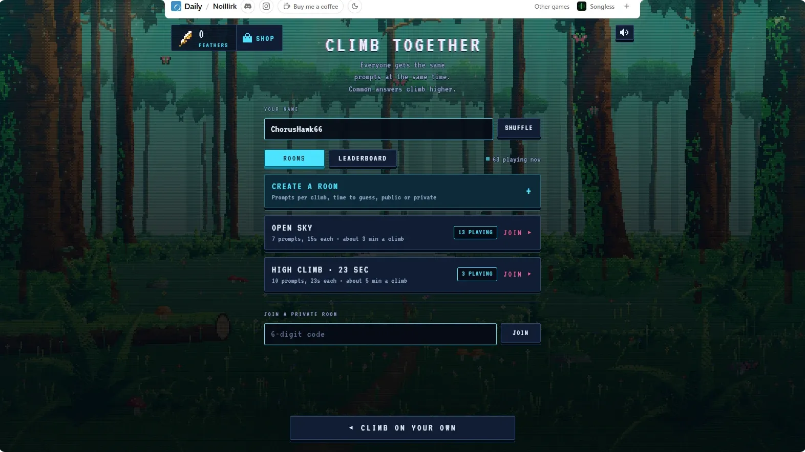 The Noillirk multiplayer lobby, Climb Together: a name box with a Shuffle key, Rooms and Leaderboard tabs, 69 playing now, Create a room, the Open Sky and High Climb rooms with Join keys, and a box for a 6-digit private room code