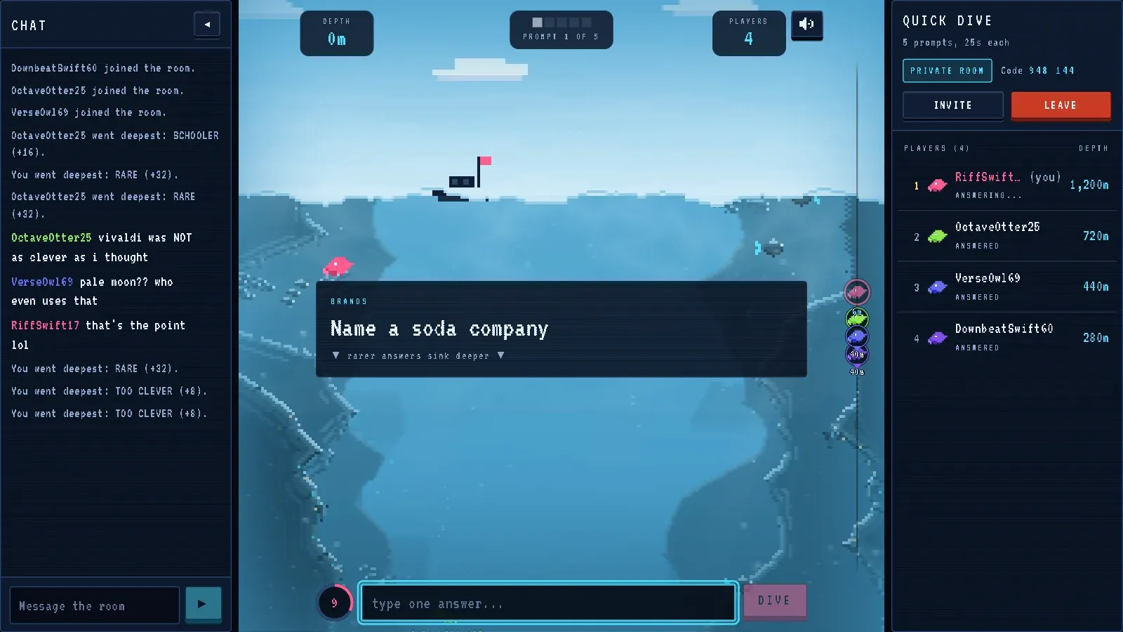 A Krillion Unlimited room mid-prompt: the room chat on the left, the prompt Name a soda company in the middle with nine seconds on the clock, and the four divers on the right, three of them marked Answered