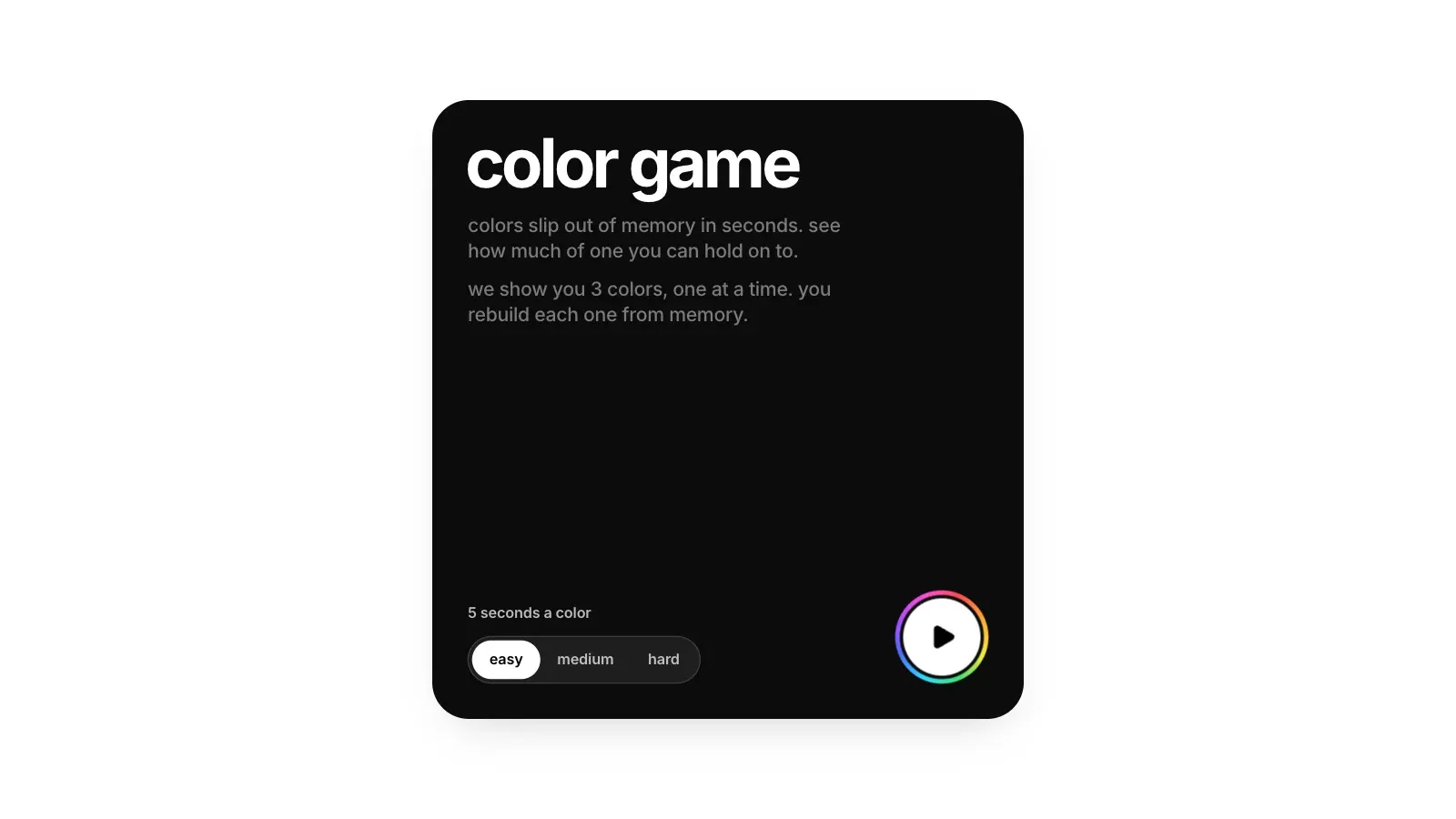 The Color Game start screen: a black card reading color game, with easy, medium and hard buttons and a rainbow-ringed play button