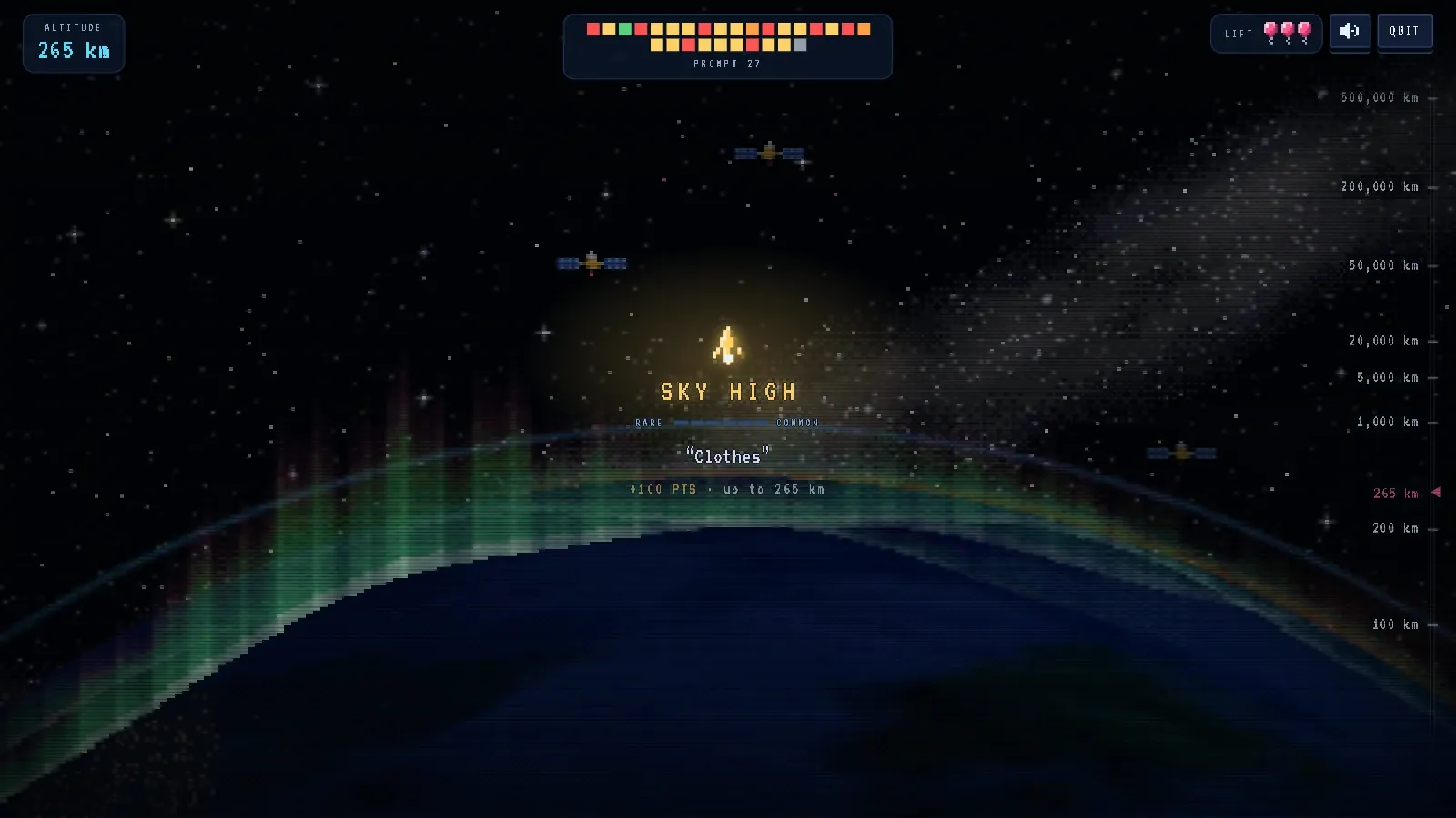 Noillirk in Endless mode at 265 kilometres: a SKY HIGH result for the answer Clothes above the curve of the Earth, green aurora along the horizon, satellites overhead and three balloons in the corner