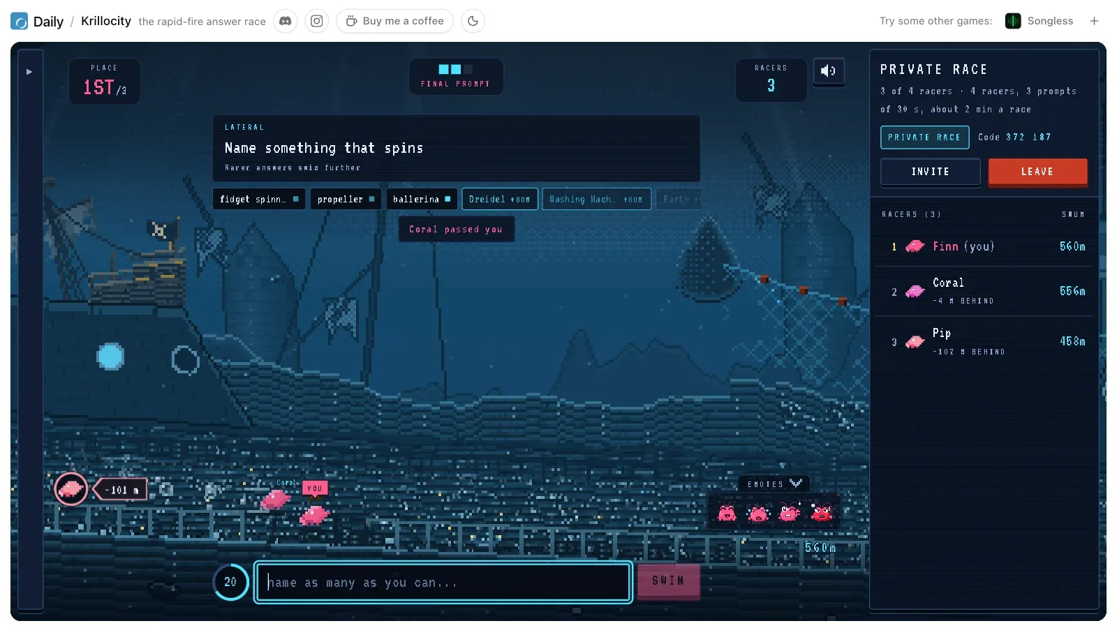 Finn's screen on the final prompt, Name something that spins: chips for Dreidel and Washing machine at 80 metres, the line Coral passed you, Coral's krill just ahead of Finn's, and the standings at 560 m to 556 m with 20 seconds on the clock