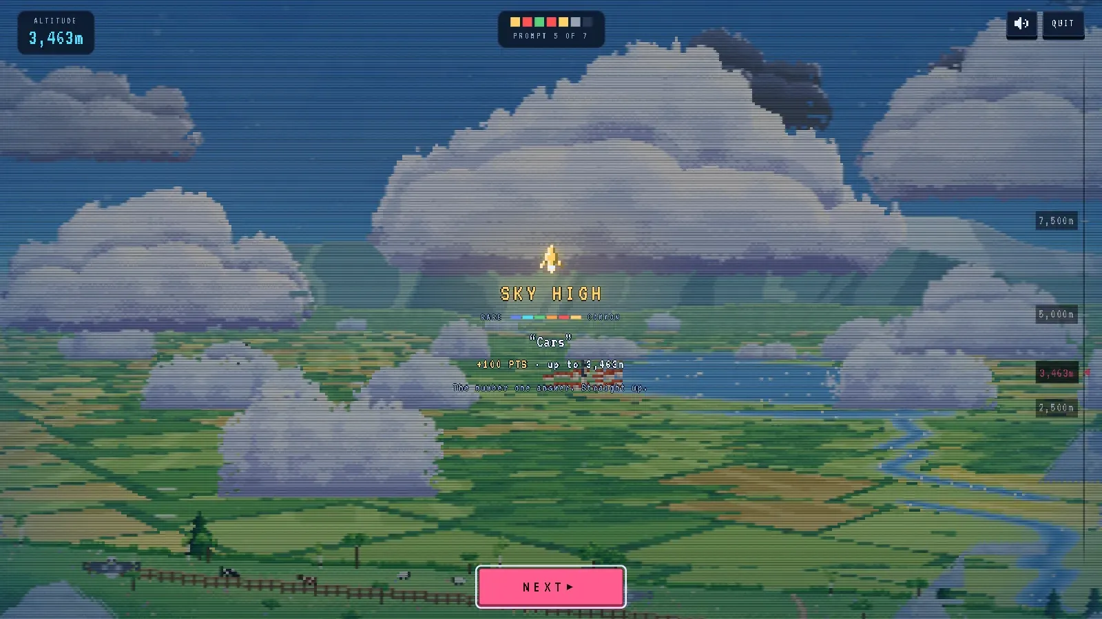 A Noillirk result over farmland, a river and towering clouds: SKY HIGH, the answer Cars, plus 100 points, up to 3,463 metres