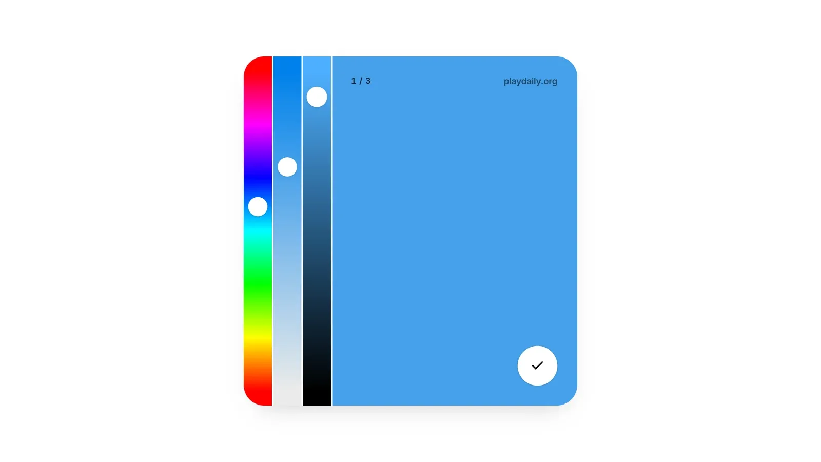 The Color Game's sliders: rainbow hue, saturation and brightness bars down the left of the card, with the rest of the card showing the color being built