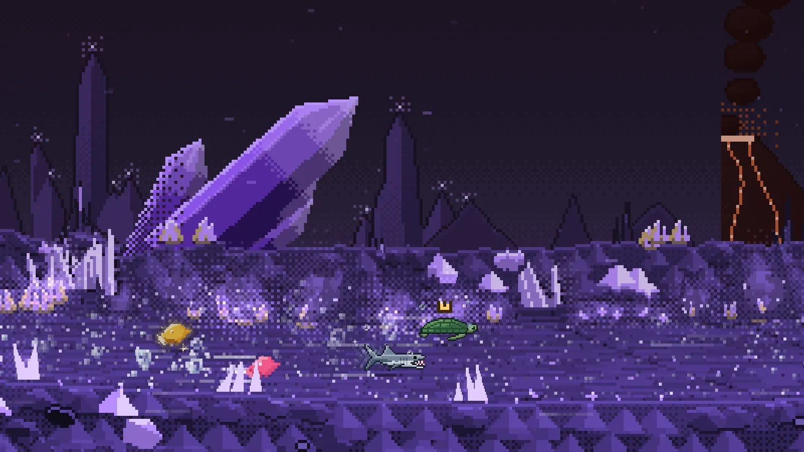 The Crystal Vein: a floor of violet crystal, a huge amethyst crystal standing at the left and crystal spikes along the track