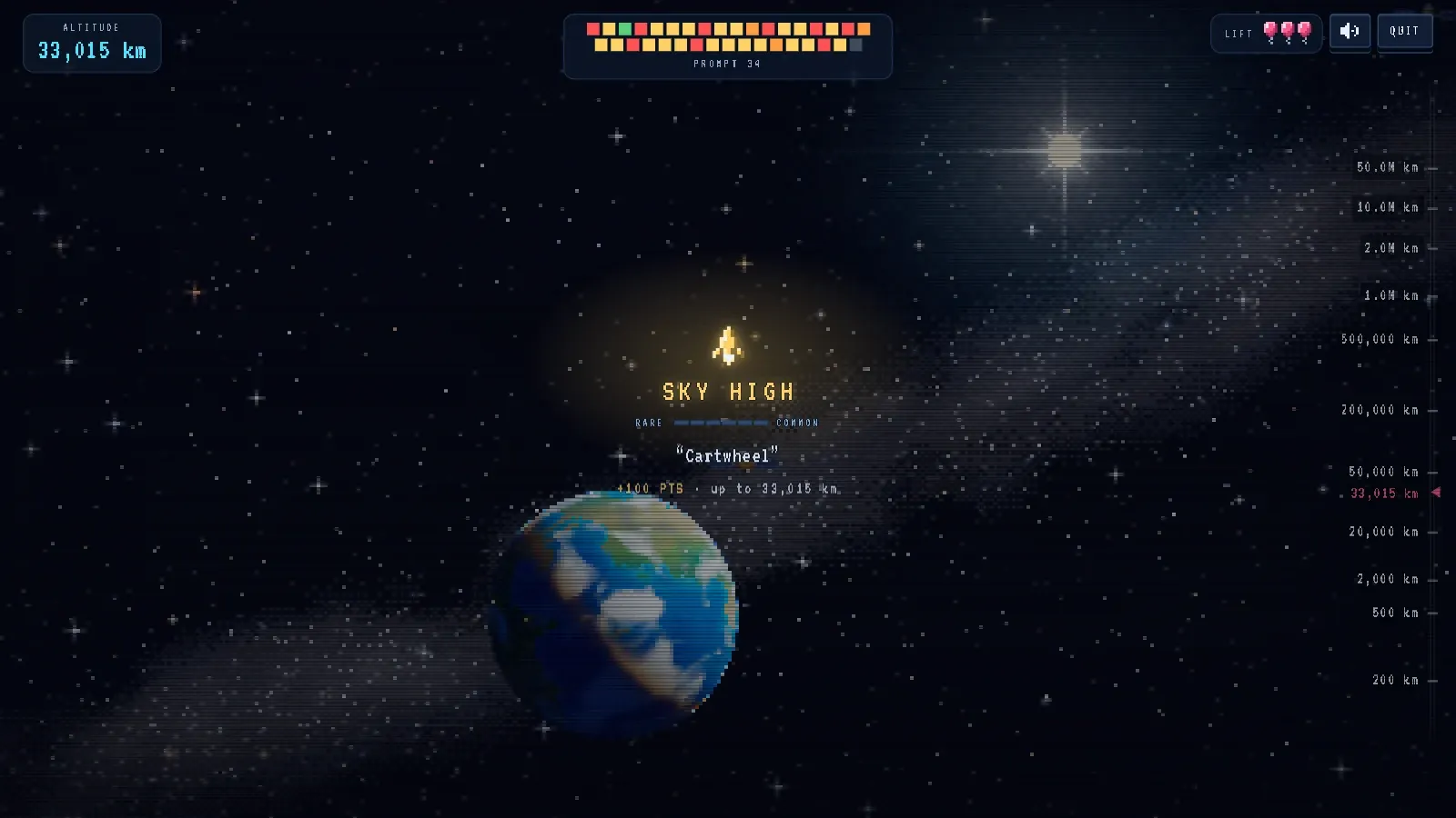 Noillirk at 33,015 kilometres: a SKY HIGH result for the answer Cartwheel beside a pixel-art Earth, with the Sun bright in the corner and the Milky Way behind