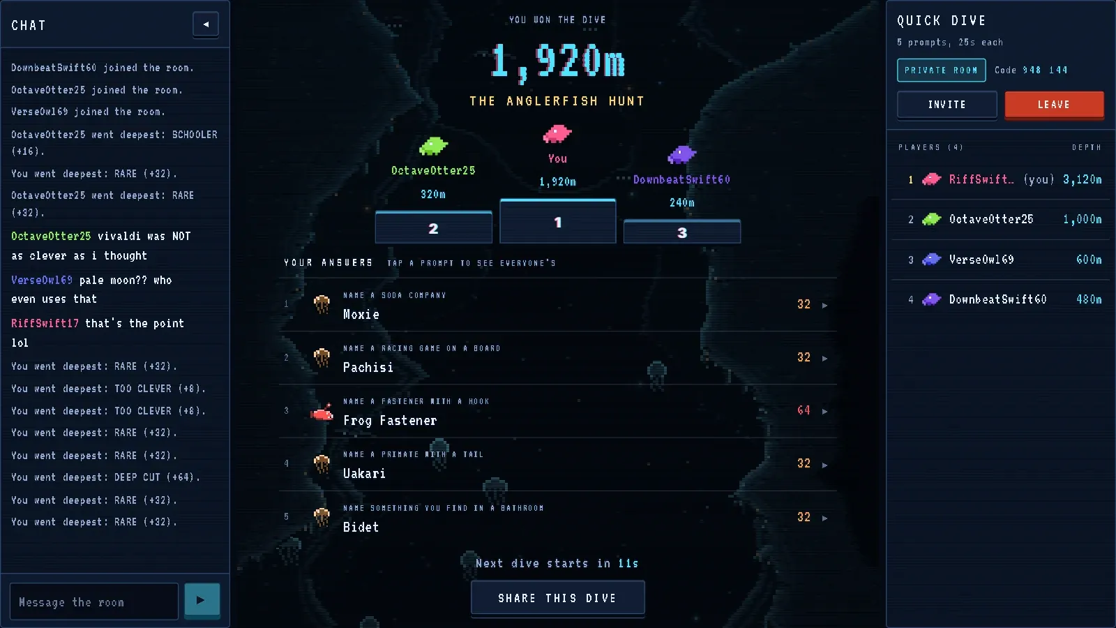 The end of a multiplayer dive: You won the dive at 1,920 metres in the Anglerfish Hunt, a podium of three krill, and the five answers given, from Moxie to Bidet