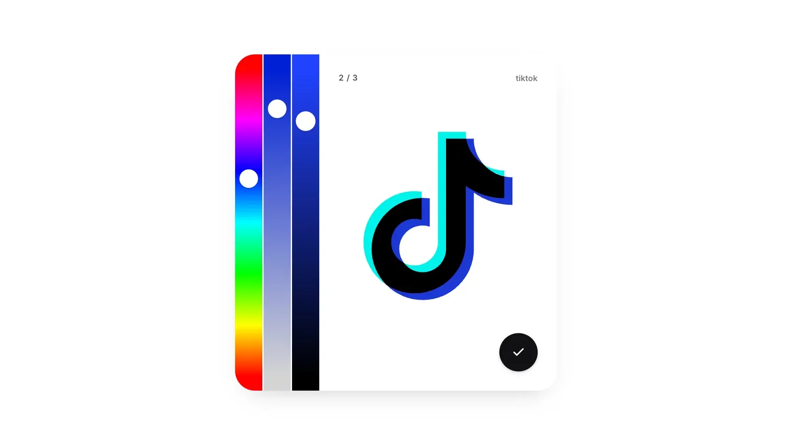 A Logo Game round: the TikTok logo with its pink-red layer painted blue, beside the hue, saturation and brightness sliders