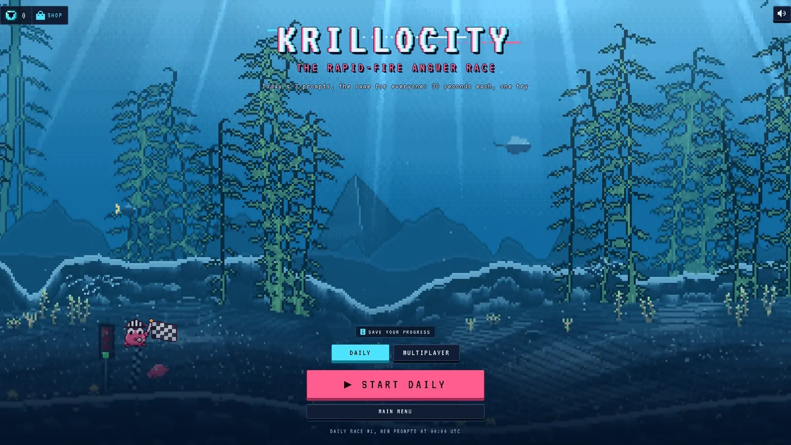 The Krillocity start screen with Daily selected: the line Today's 3 prompts, the same for everyone: 30 seconds each, one try, the Start daily button, and Daily race #1, new prompts at 00:00 UTC