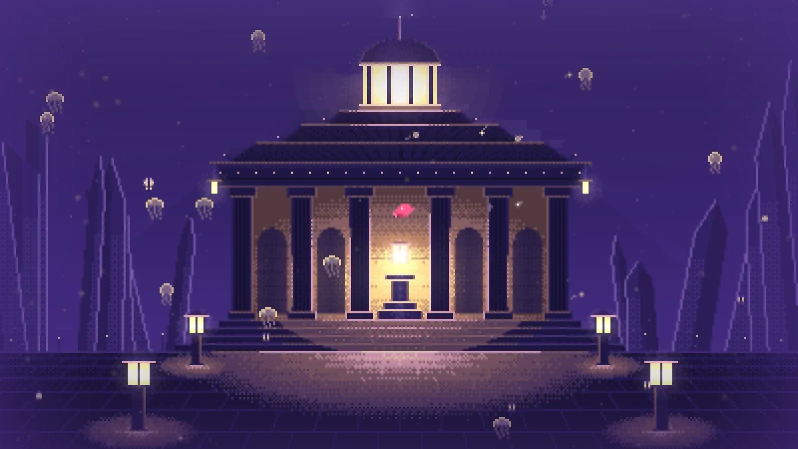 The pink krill above a pillared shrine glowing amber at the bottom of the sea, with lanterns along its paved floor and crystal spires behind