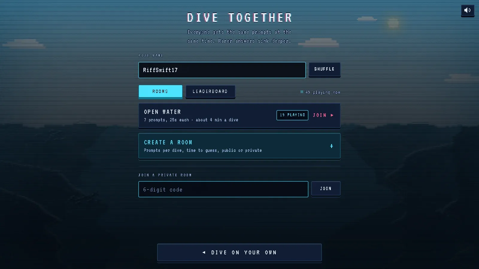 The Krillion Unlimited multiplayer lobby: the Dive Together title, a name field with a Shuffle button, a live Open Water room with its player count, a Create a room button and a box for a six-digit private room code