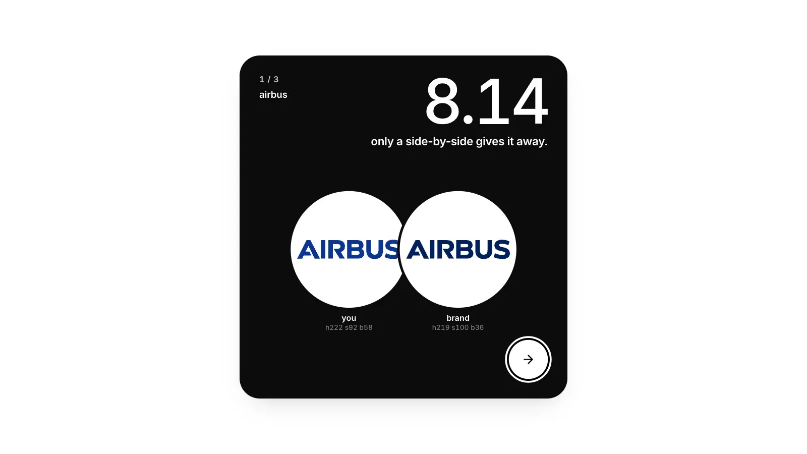 A Logo Game reveal for Airbus scoring 8.14: two zoomed circles compare the rebuilt blue, h222 s92 b58, with the brand's navy, h219 s100 b36