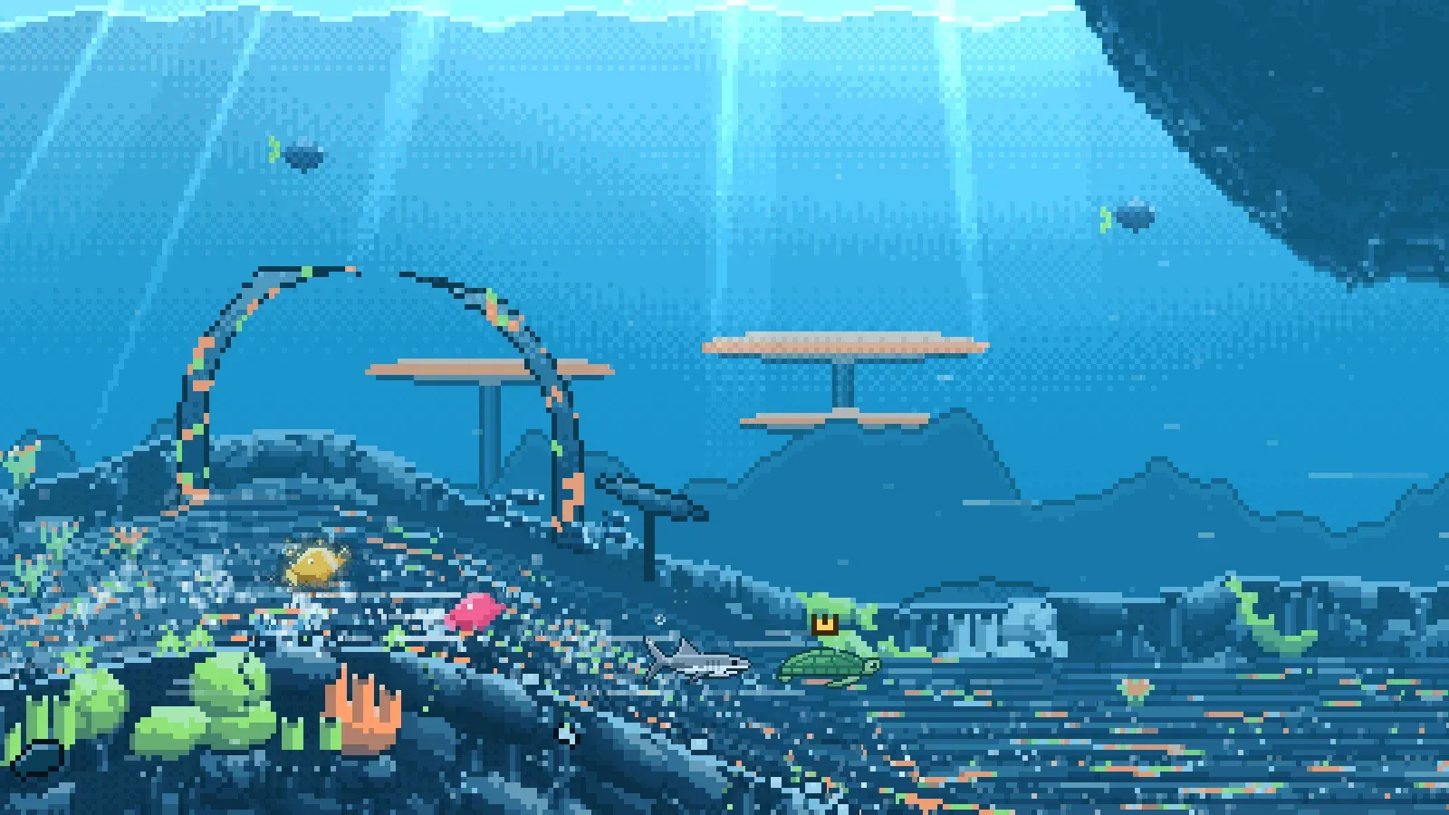 The Coral Arches: a speckled coral arch over the track, table corals stacked like pagodas on the horizon and bright blue water above a pack of racers