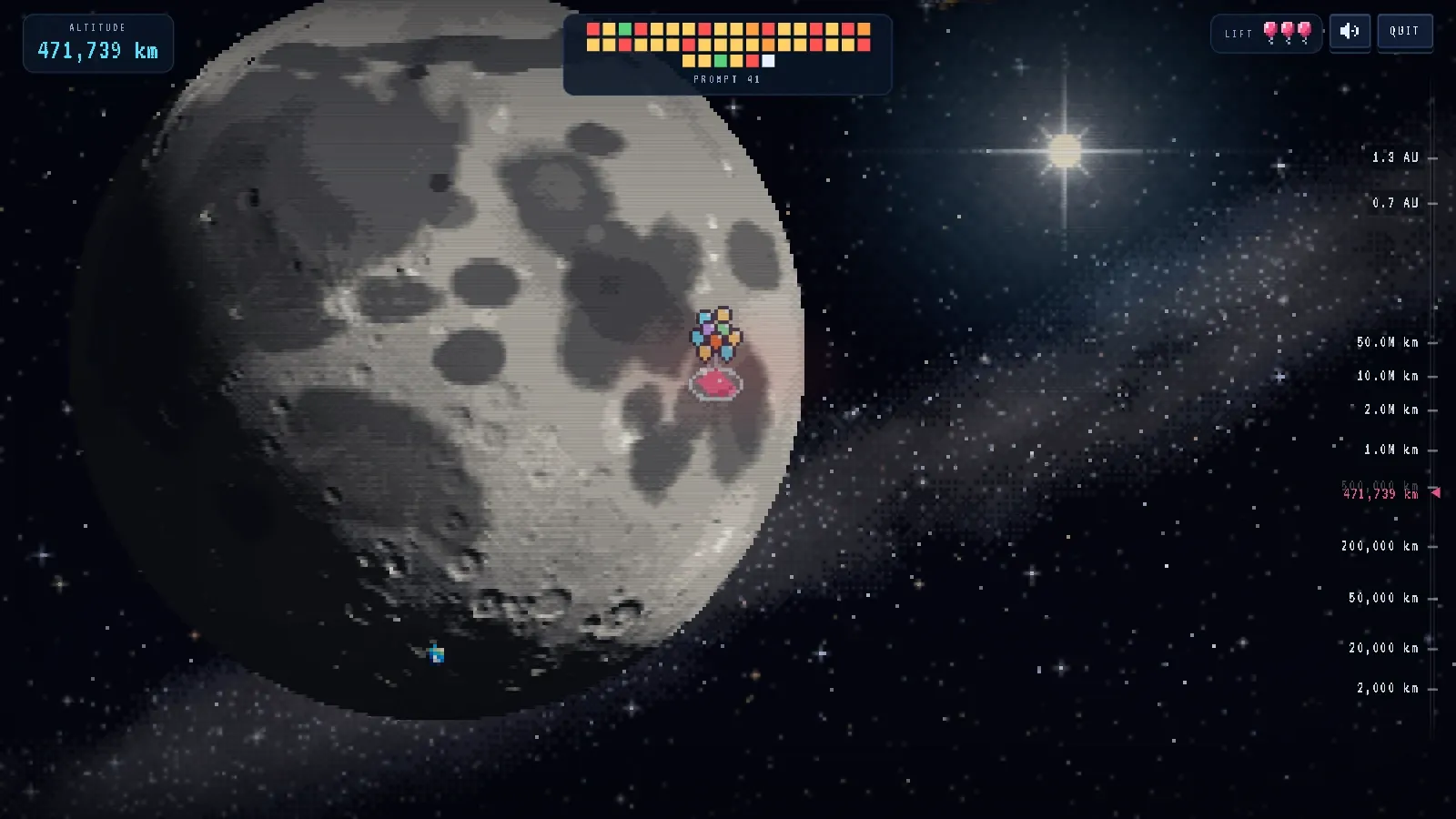 Noillirk at 471,739 kilometres: the krill on its balloons crossing the face of a pixel-art Moon, with the Sun bright behind it and three balloons left