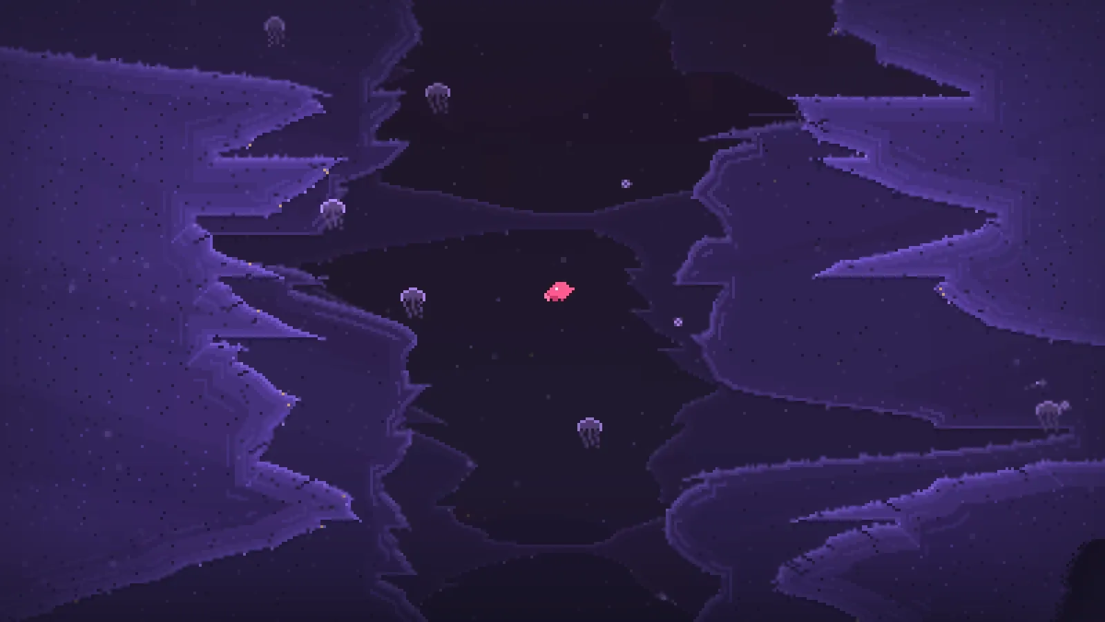 The pink krill in a dark violet chasm between jagged purple walls, with small jellyfish drifting around it