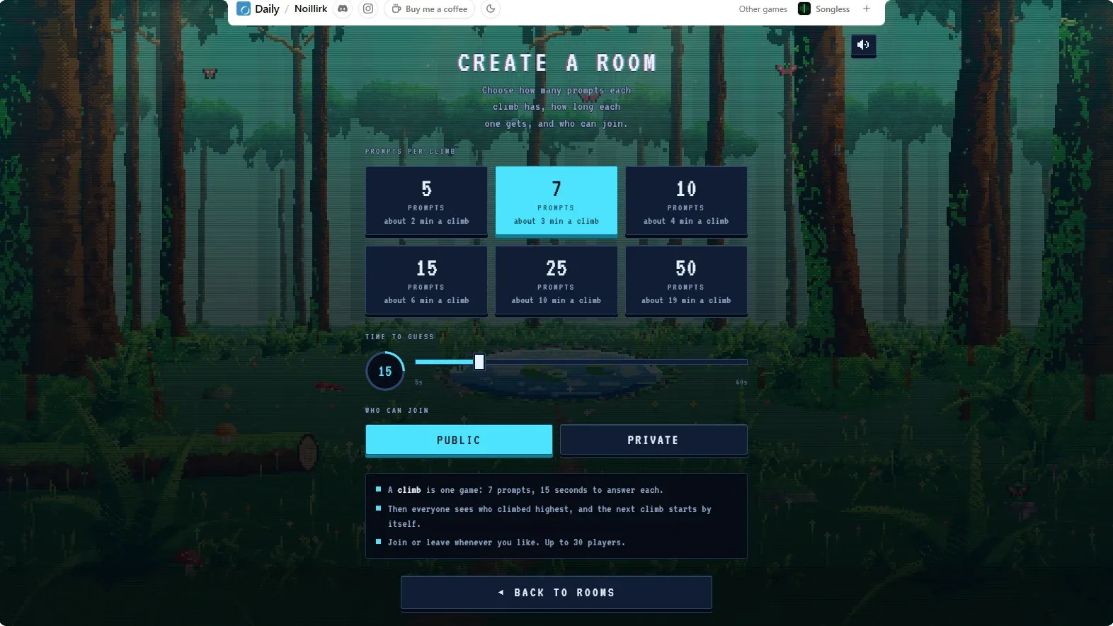 The Create a room screen: prompts per climb from 5 to 50 with the time each climb takes, a time to guess slider set to 15 seconds, and Public and Private buttons