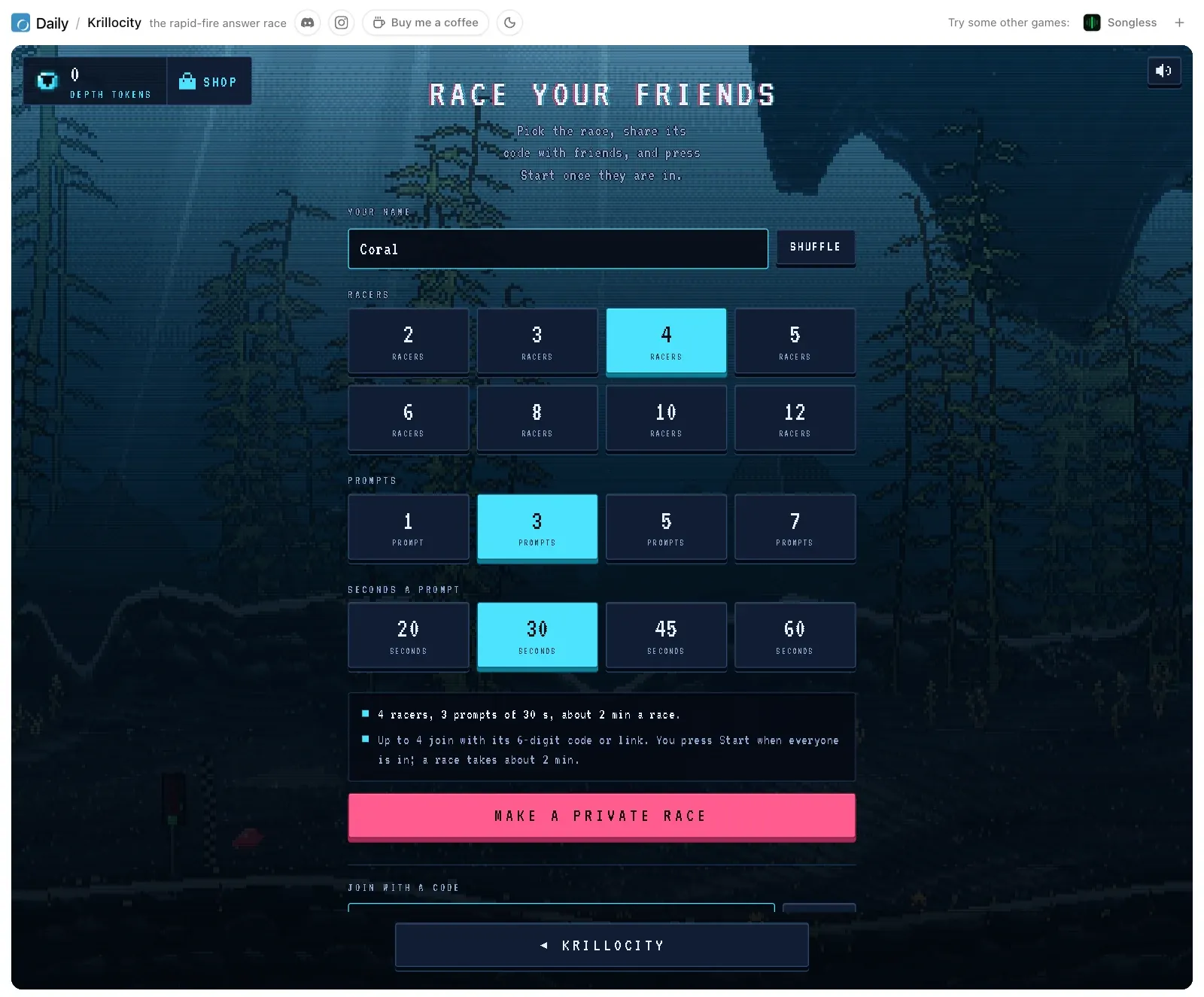 The Race your friends screen: a name box, racer counts from 2 to 12 with 4 selected, 1 to 7 prompts with 3 selected, 20 to 60 seconds with 30 selected, the line 4 racers, 3 prompts of 30 s, about 2 min a race, and the Make a private race key