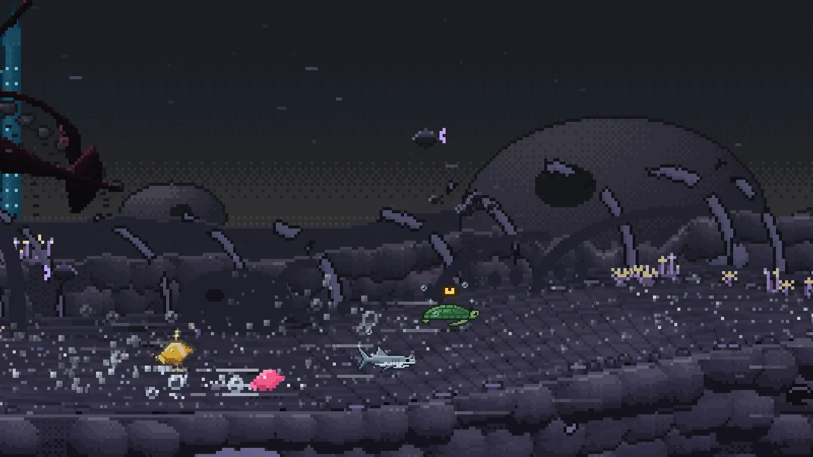 The Leviathan's Ribs: giant curved ribs and a domed skull in dim purple water, with racers crossing a floor of silt