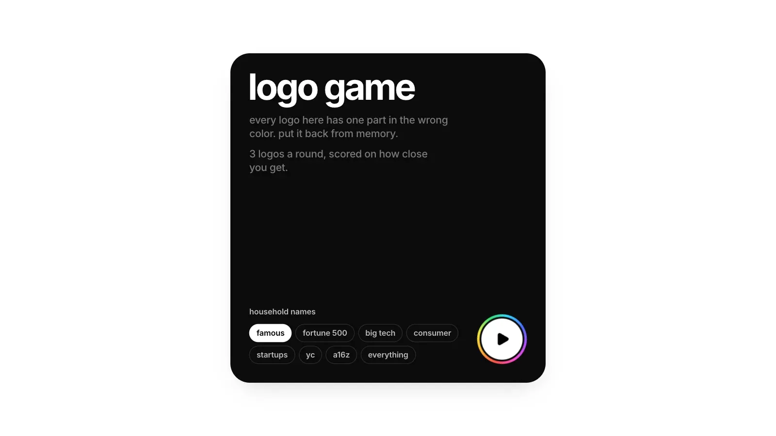 The Logo Game start screen: a black card reading logo game, with deck buttons for famous, fortune 500, big tech, consumer, startups, yc, a16z and everything