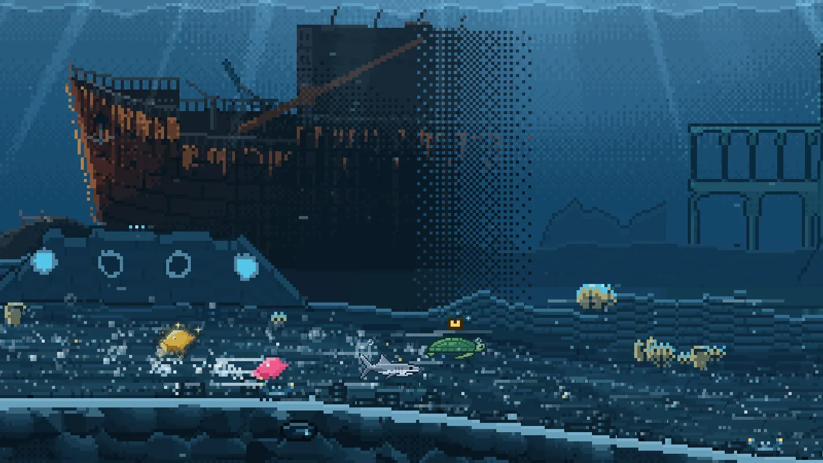 The Wreck Passage: racers swim past the hull of a sunken ship with glowing portholes, with a wrecked galleon on the horizon