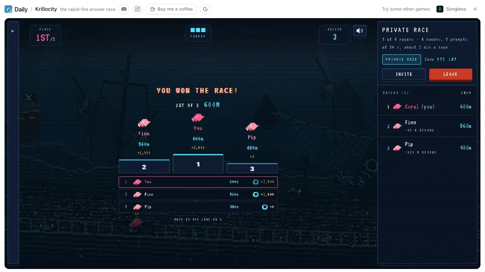 The Krillocity race board: You won the race, 1st of 3, 600 m, a podium with Finn at 560 m and Pip at 480 m, and rows showing plus 2,500, plus 1,000 and plus 0 depth tokens