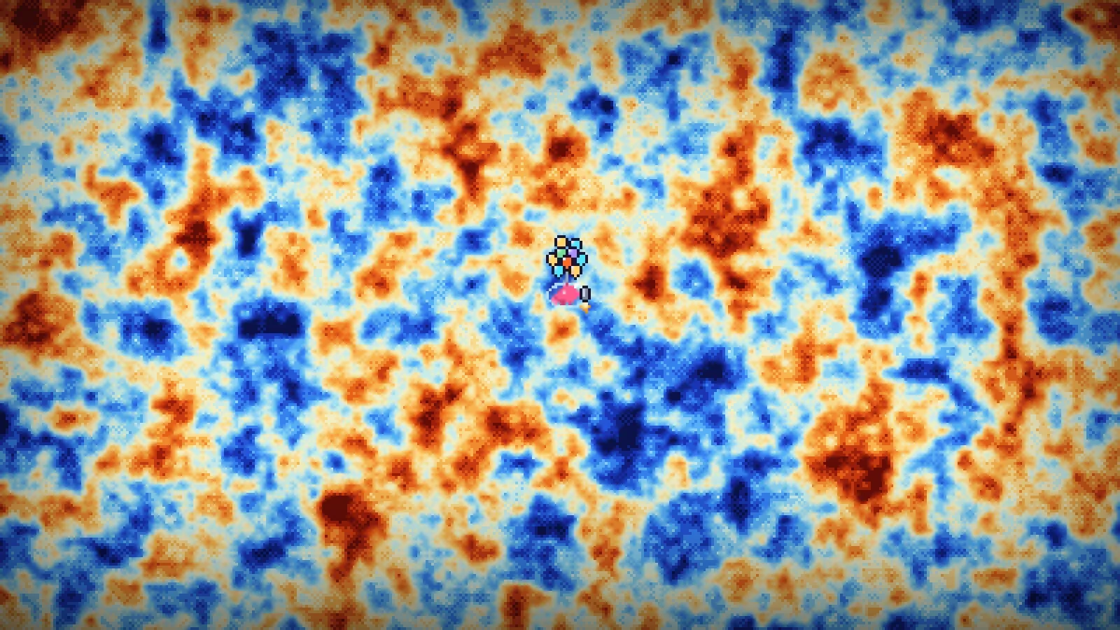 The krill on its balloons against the cosmic microwave background, a mottled field of red, orange and blue