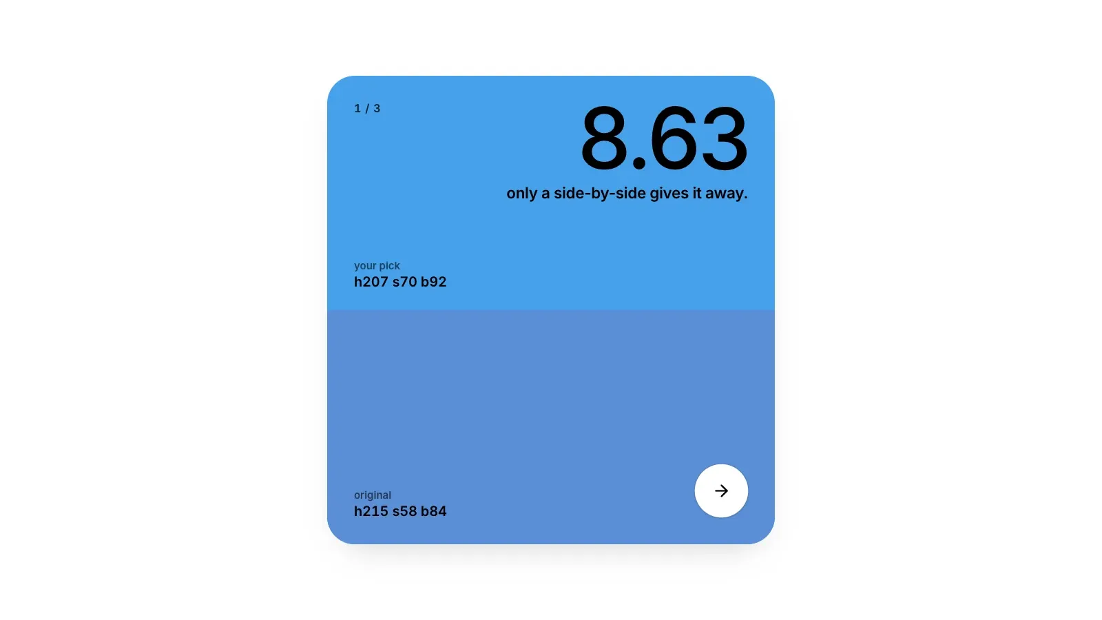 A Color Game reveal scoring 8.63, with the line only a side-by-side gives it away: the rebuilt blue, h207 s70 b92, above the original, h215 s58 b84