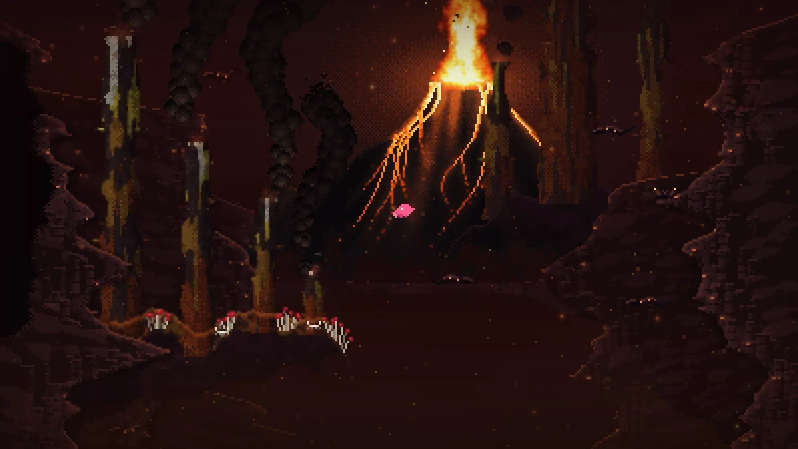 The pink krill beside black smoker chimneys streaked rust and yellow, trailing dark plumes over red tubeworms, with an underwater volcano erupting lava behind them