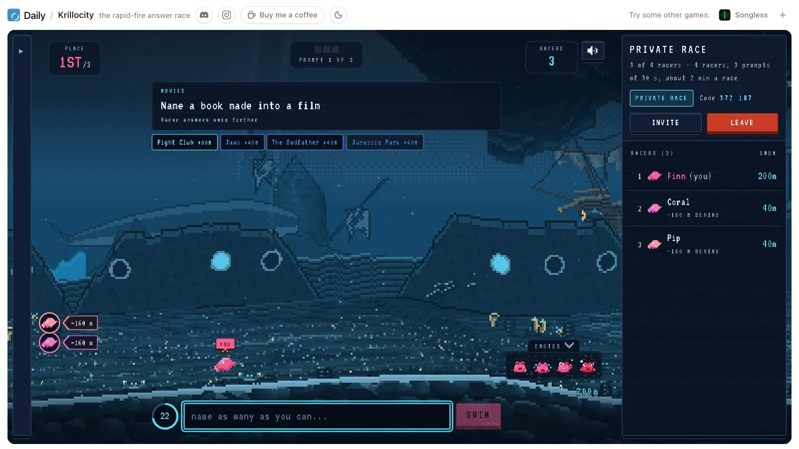 A Krillocity race in the Wreck Passage: the prompt Name a book made into a film, chips for Fight Club at 80 metres and Jaws, The Godfather and Jurassic Park at 40, the YOU pin over a pink krill, two rivals shown as rings at the left edge and the standings on the right