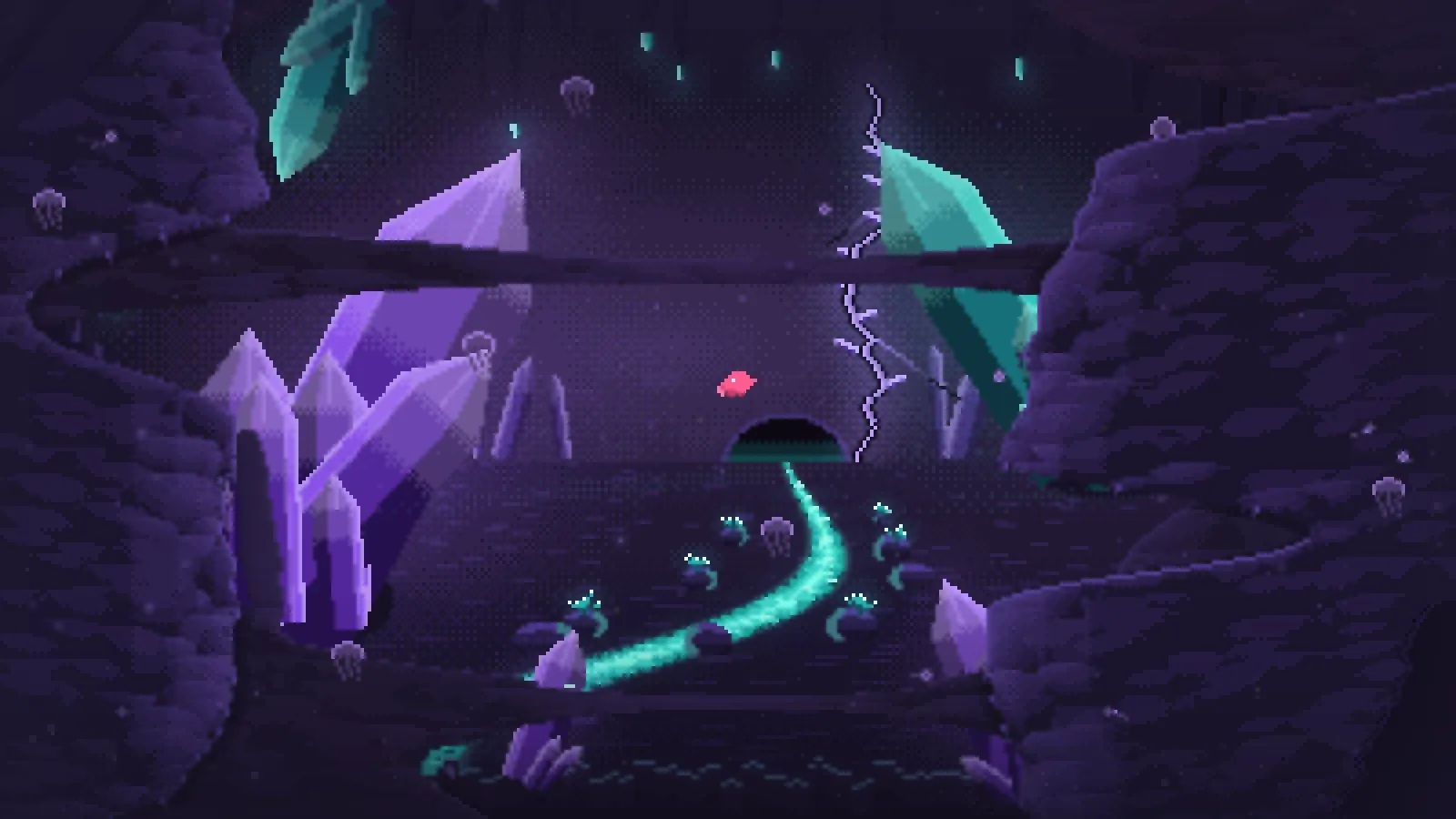 The pink krill in a cavern of giant amethyst and teal crystals, with a glowing river winding out of a tunnel across the cave floor