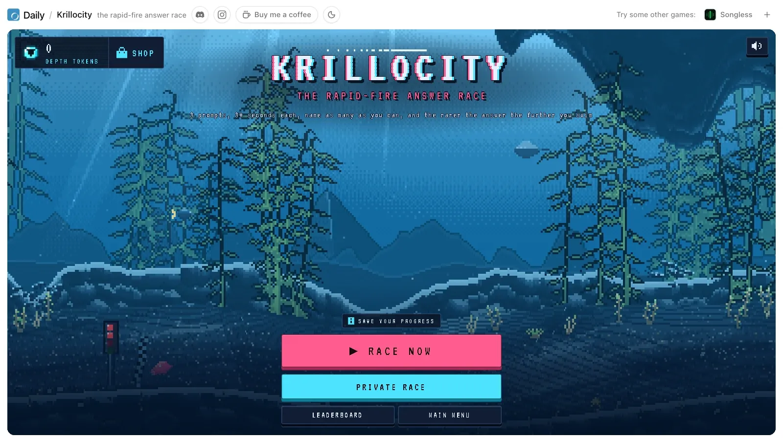 The Krillocity start screen: the KRILLOCITY wordmark over a pixel-art kelp forest, the line 3 prompts, 30 seconds each, name as many as you can, and the Race now, Private race, Leaderboard and Main menu keys