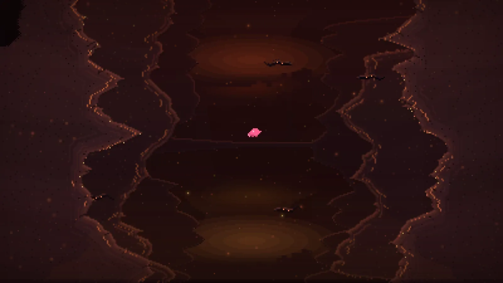 The pink krill diving between rust-coloured cave walls flecked with orange light, with a warm glow rising from the vents below
