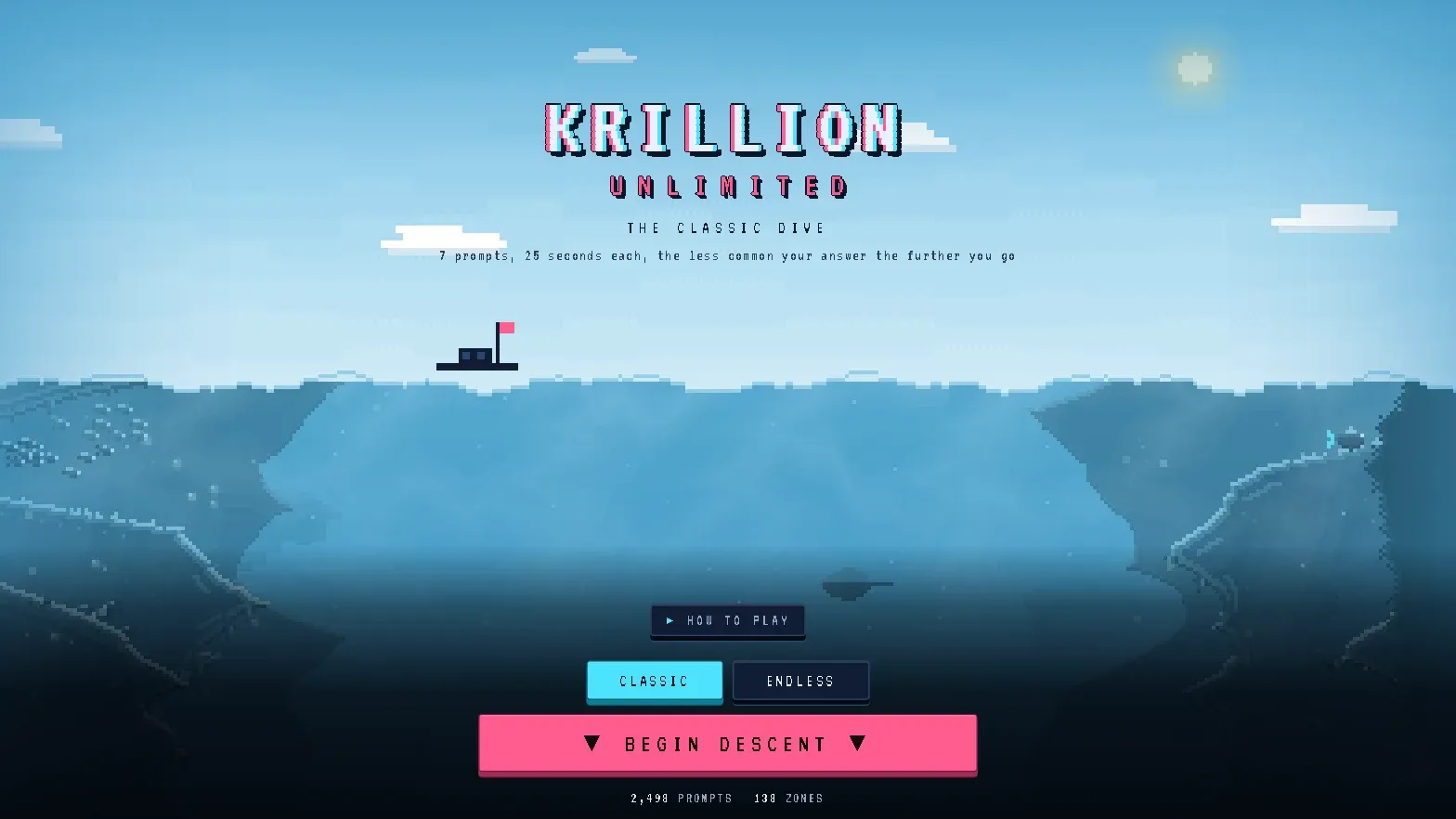 The Krillion title screen: a pixel-art sky over a blue sea, a small boat with a pink flag, and the words Krillion Unlimited above a Begin descent button