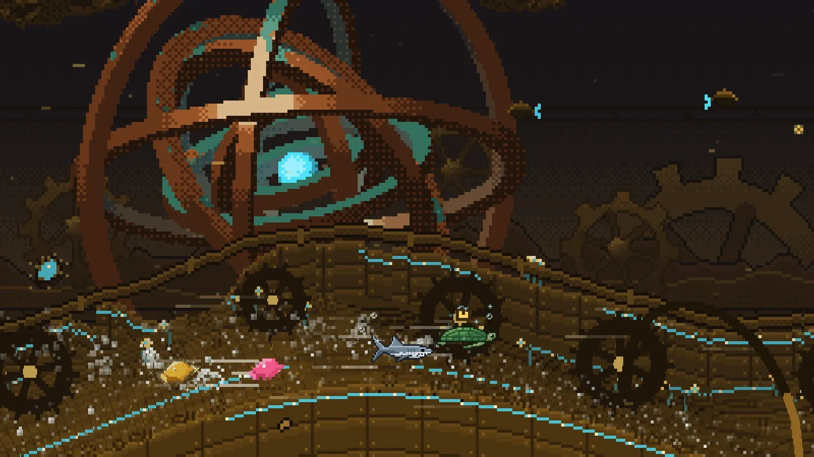 The Clockwork Conduit: a great armillary of copper rings around a glowing cyan core rises behind the track, with gears set into the floor