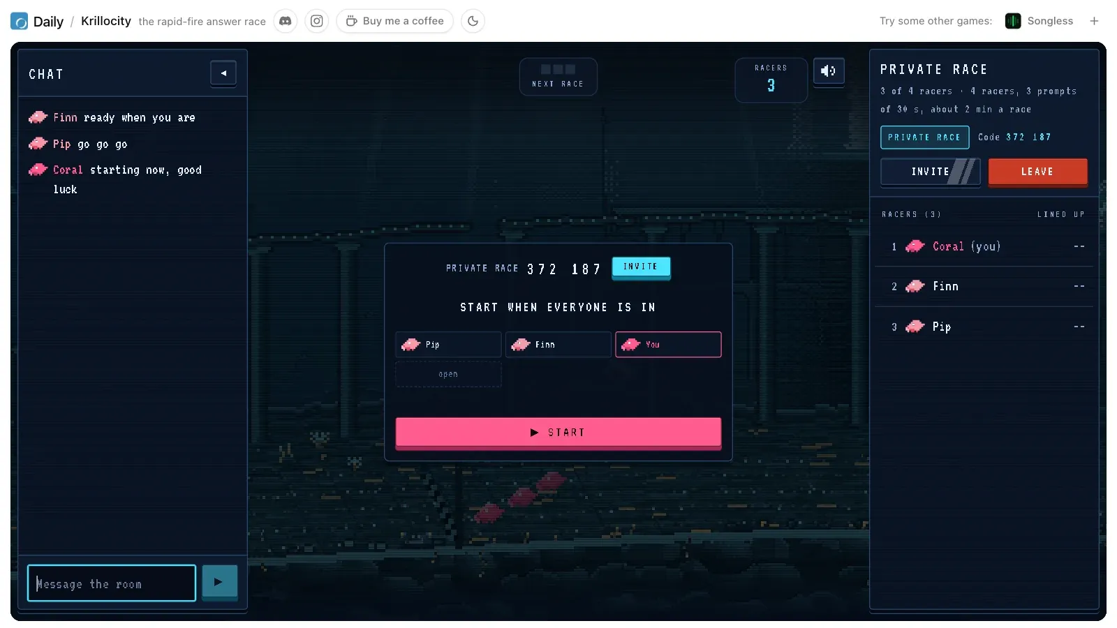A Krillocity private race lobby: code 372 187 with an Invite key, Coral, Finn and Pip lined up with one lane open, a Start key, the chat on the left and the racers list on the right