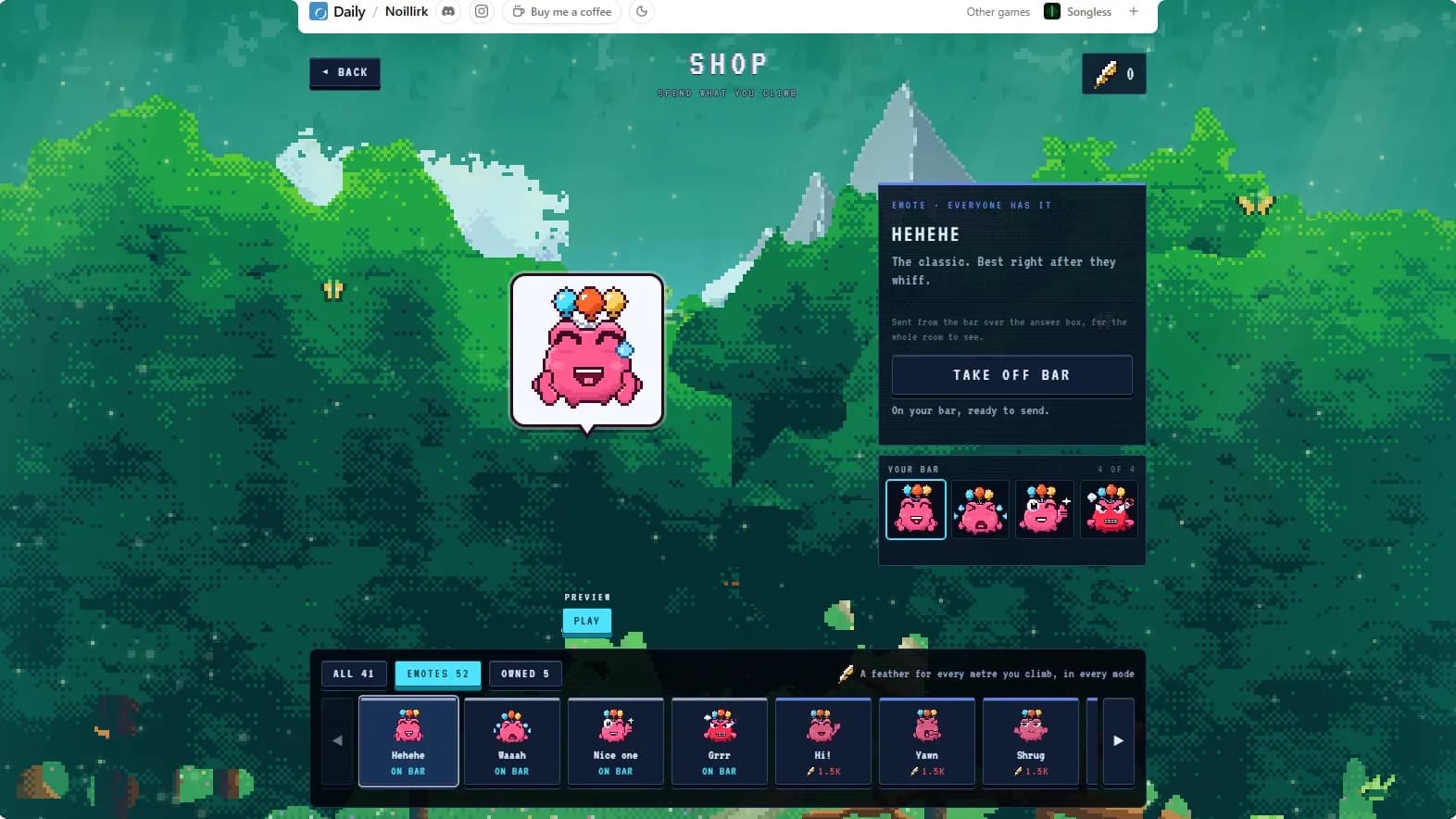 The Noillirk shop's Emotes shelf: the free Hehehe emote, a pink krill laughing under its balloons, with Your bar showing four emotes and a shelf of more priced at 1.5K feathers