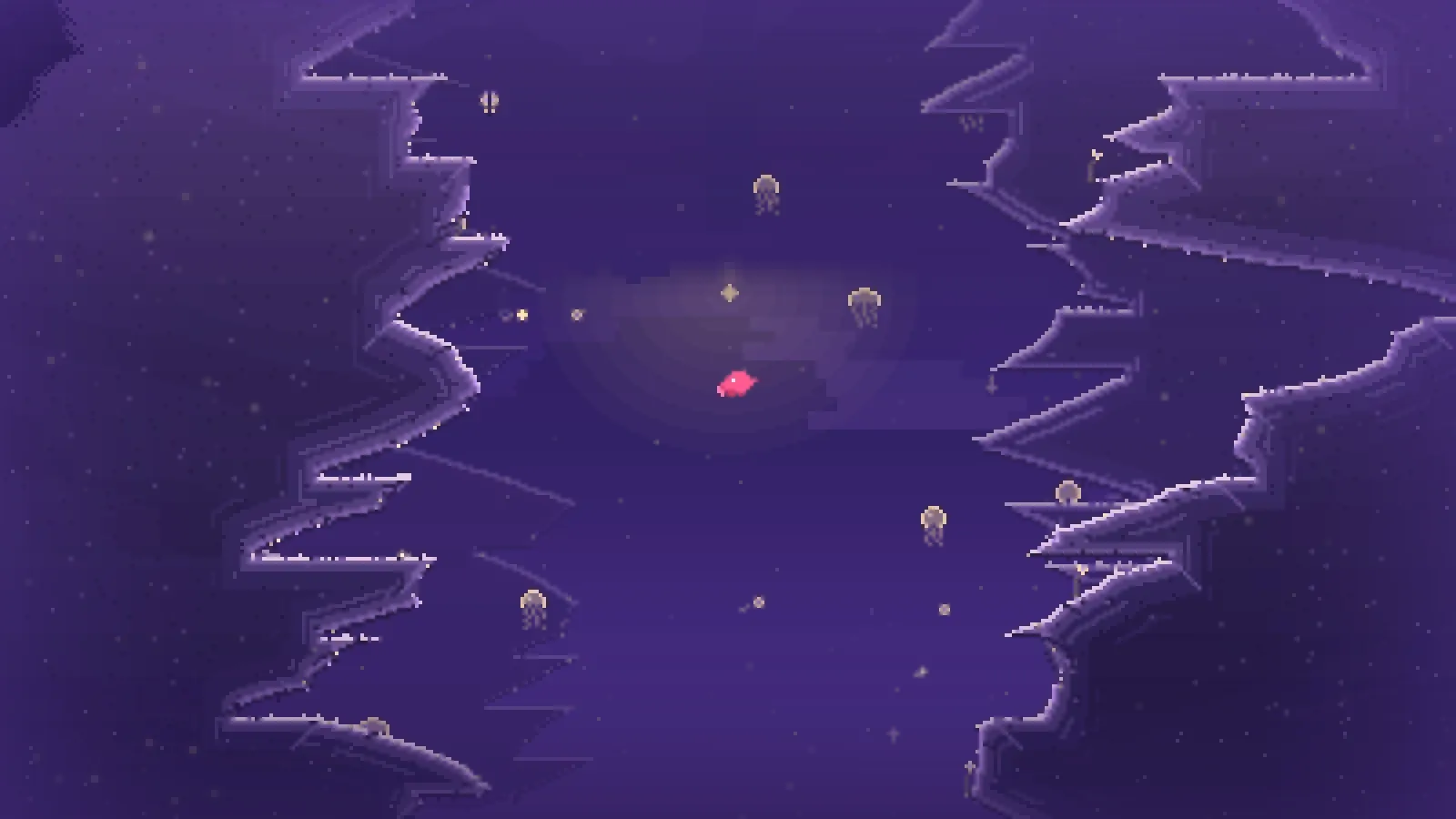 The pink krill under a soft glow in a pale violet cavern with stepped ledges, surrounded by golden jellyfish